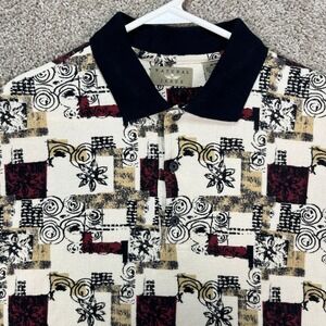 Vintage Natural Issue Polo Shirt Mens M Cream Black Short Sleeve Patchwork Print